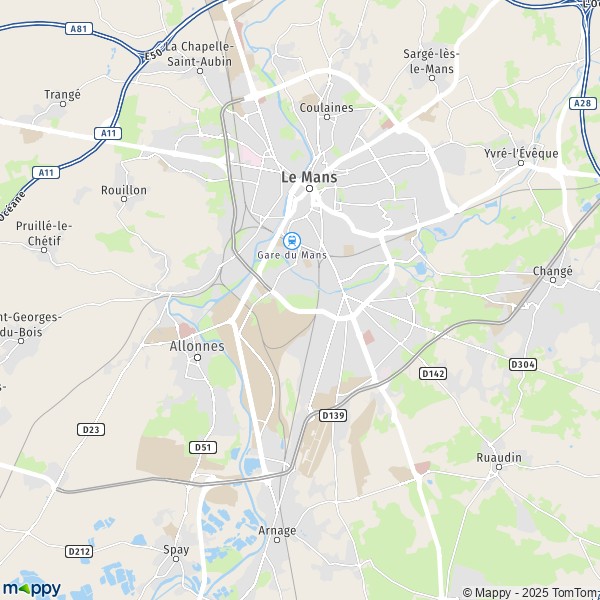 De kaart voor de stad Le Mans 72000-72100