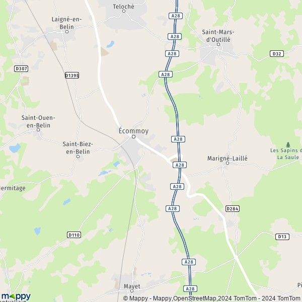 De kaart voor de stad Écommoy 72220