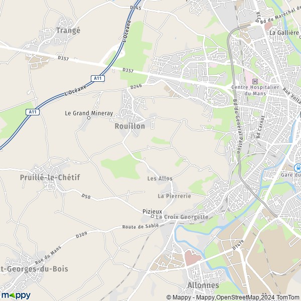 De kaart voor de stad Rouillon 72700