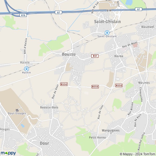 De kaart voor de stad 7300-7301 Boussu