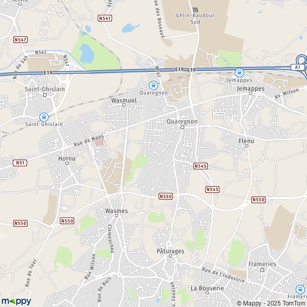 De kaart voor de stad 7331-7390 Quaregnon