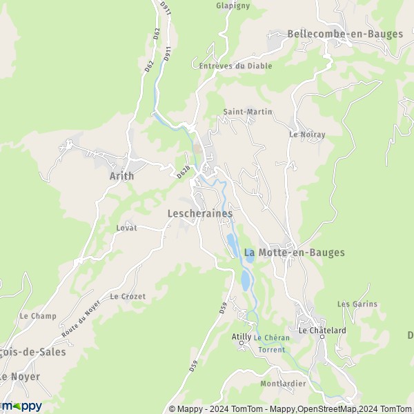 De kaart voor de stad Lescheraines 73340