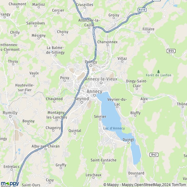 De kaart voor de stad Annecy 74000-74960