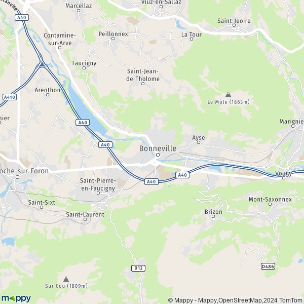 De kaart voor de stad Bonneville 74130