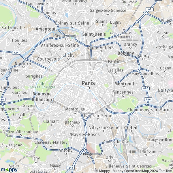 De kaart voor de stad Parijs 75001-75116