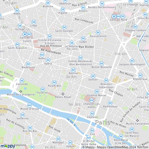 De kaart voor de stad 2e Arrondissement, Parijs