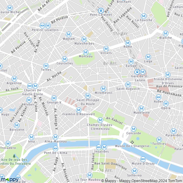 De kaart voor de stad 8e Arrondissement, Parijs