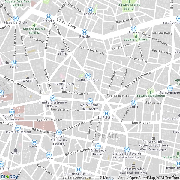 De kaart voor de stad 9e Arrondissement, Parijs