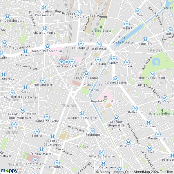 De kaart voor de stad 10e Arrondissement, Parijs
