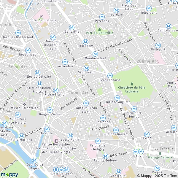 De kaart voor de stad 11e Arrondissement, Parijs