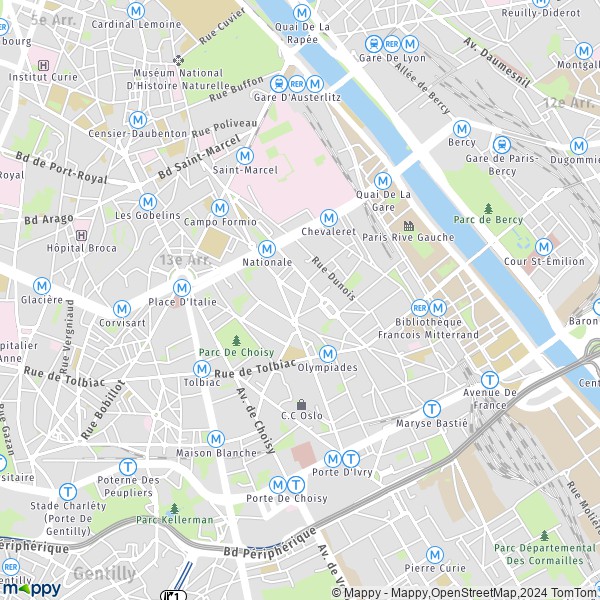 De kaart voor de stad 13e Arrondissement, Parijs