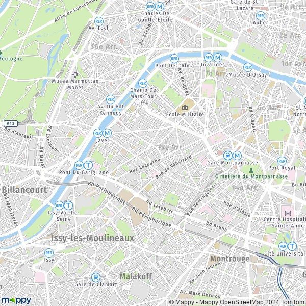 De kaart voor de stad 15e Arrondissement, Parijs
