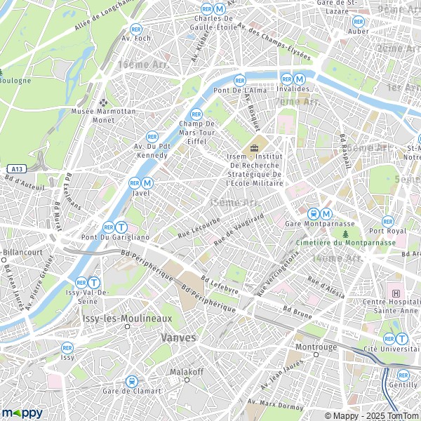 De kaart voor de stad 15e Arrondissement, Parijs