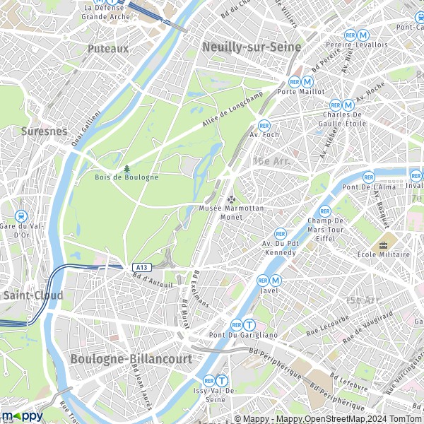 De kaart voor de stad 16e Arrondissement, Parijs