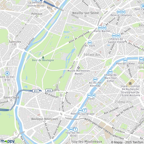 De kaart voor de stad 16e Arrondissement, Parijs