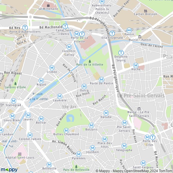 De kaart voor de stad 19e Arrondissement, Parijs