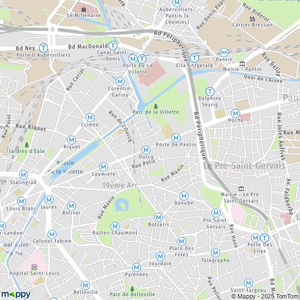 De kaart voor de stad 19e Arrondissement, Parijs