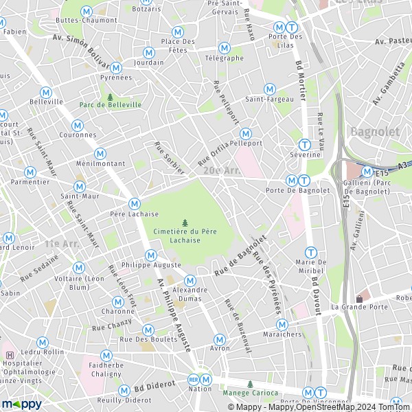 De kaart voor de stad 20e Arrondissement, Parijs