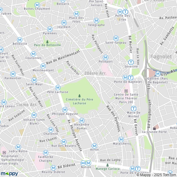 De kaart voor de stad 20e Arrondissement, Parijs