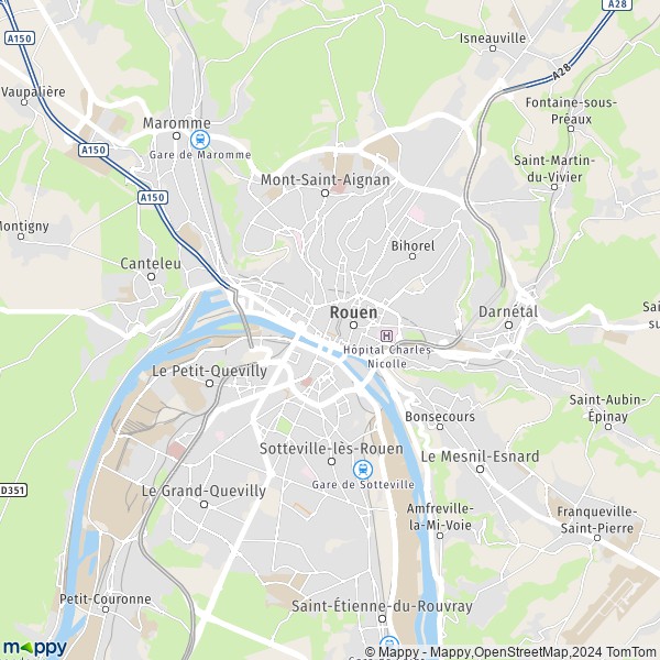 De kaart voor de stad Rouen 76000-76100