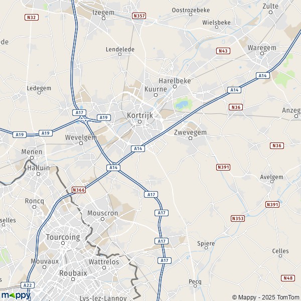 De kaart voor de stad 7700-8930 Kortrijk