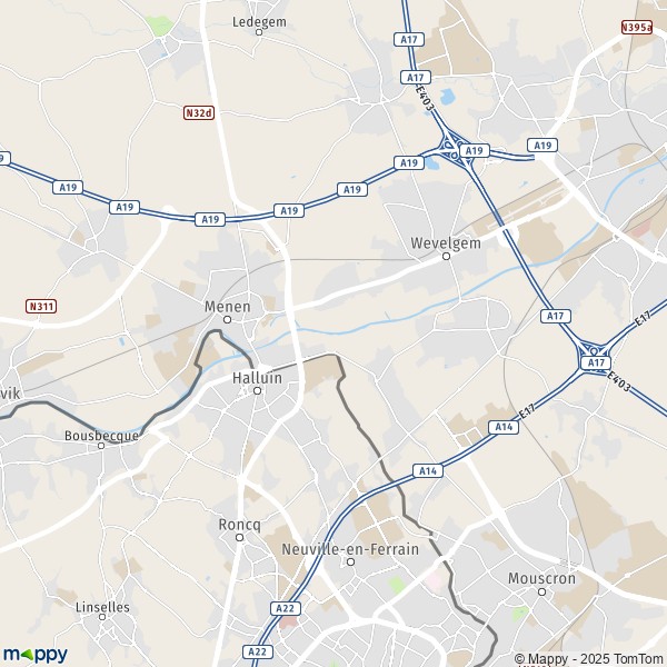 De kaart voor de stad 7700-8940 Menen
