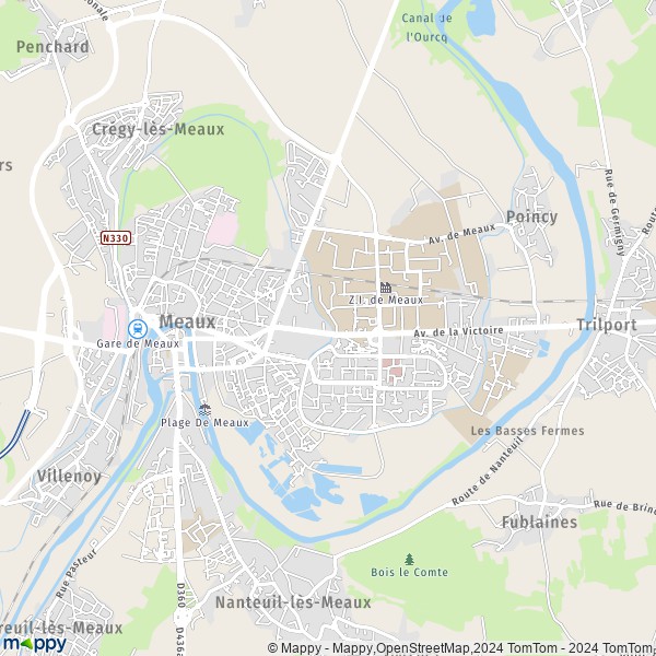 De kaart voor de stad Meaux 77100