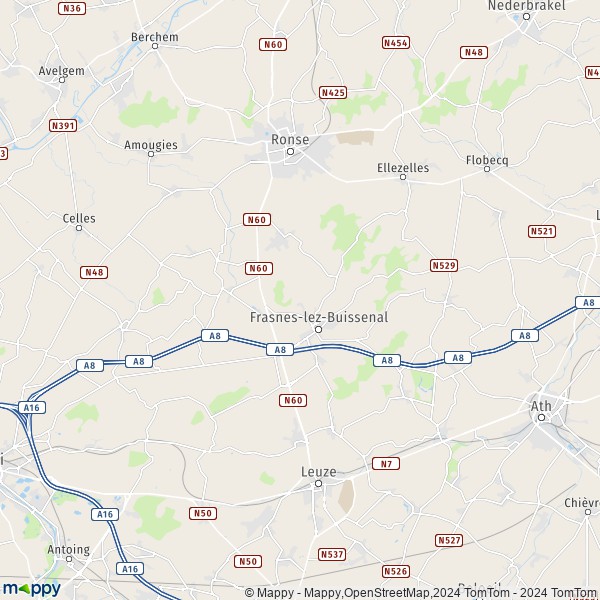 De kaart voor de stad 7890-7912 Frasnes-lez-Anvaing
