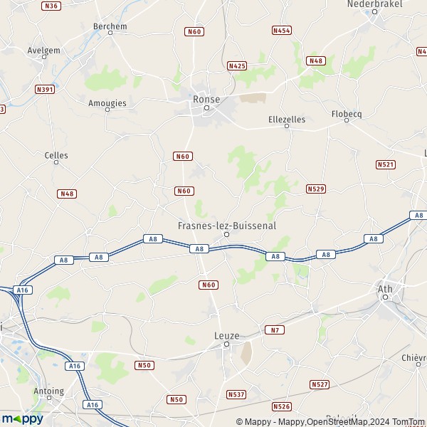 De kaart voor de stad 7910-7912 Frasnes-lez-Anvaing