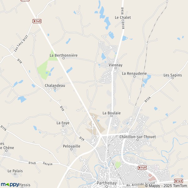 De kaart voor de stad Châtillon-sur-Thouet 79200