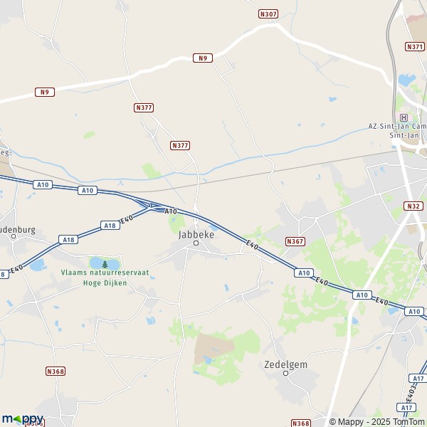 De kaart voor de stad 8200-8490 Jabbeke
