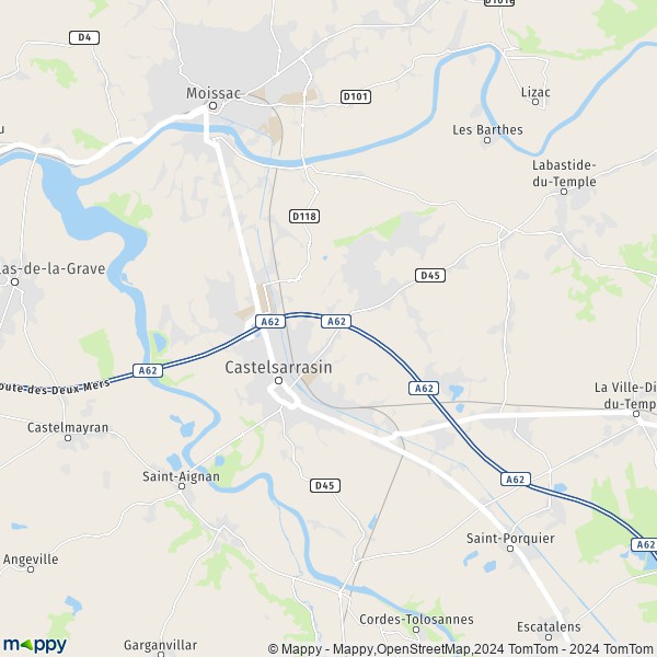 De kaart voor de stad Castelsarrasin 82100