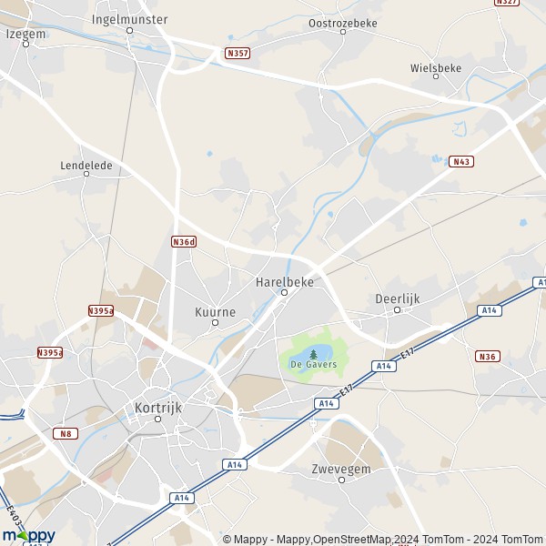 De kaart voor de stad 8500-8791 Harelbeke