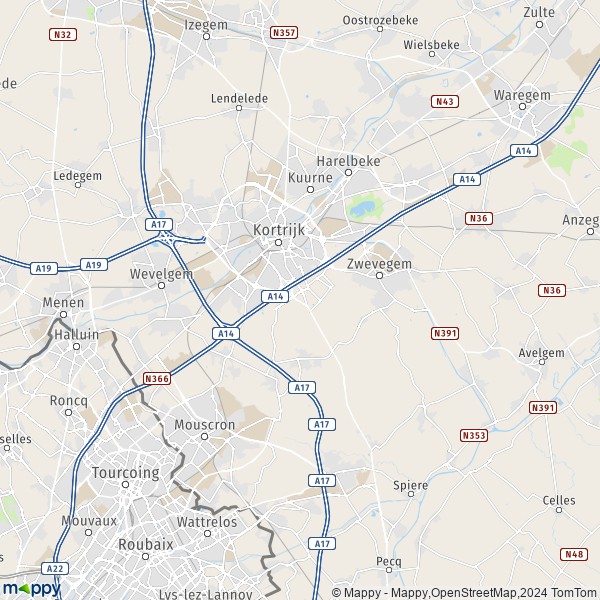 De kaart voor de stad 8500-8560 Kortrijk