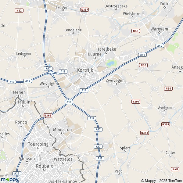 De kaart voor de stad 8500-8511 Kortrijk