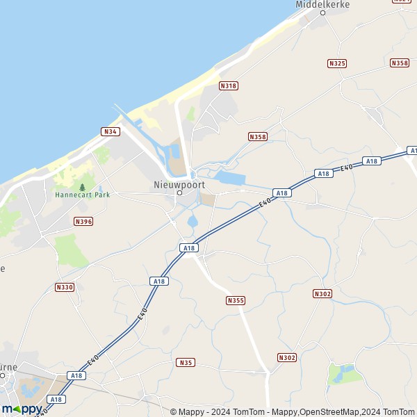 De kaart voor de stad 8620 Nieuwpoort