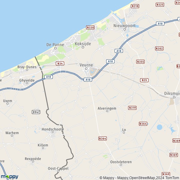 De kaart voor de stad 8630 Veurne