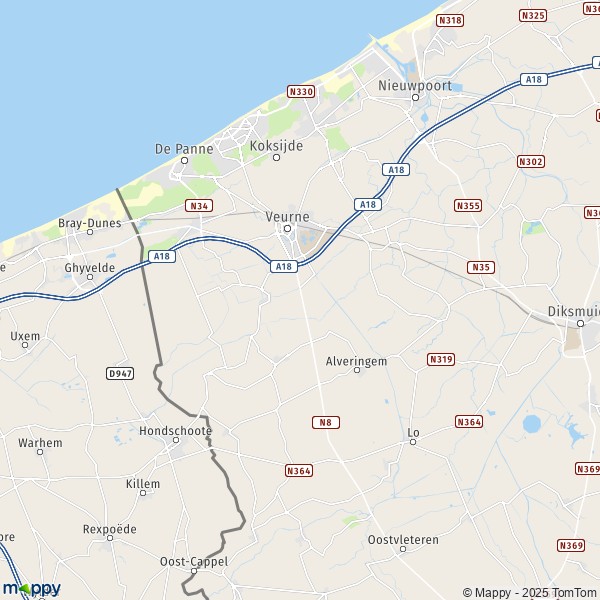 De kaart voor de stad 8630 Veurne