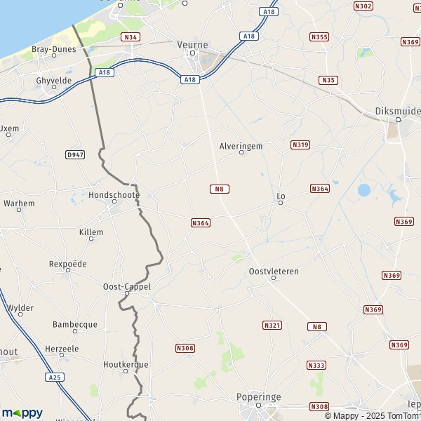 De kaart voor de stad 8690-8691 Alveringem