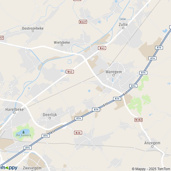 De kaart voor de stad 8790-8793 Waregem