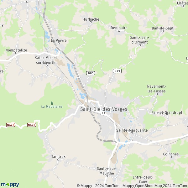 De kaart voor de stad Saint-Dié-des-Vosges 88100