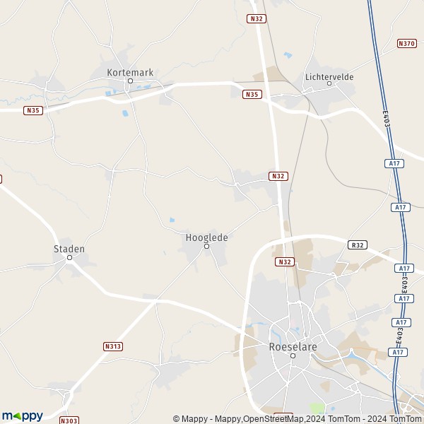 De kaart voor de stad 8830 Hooglede