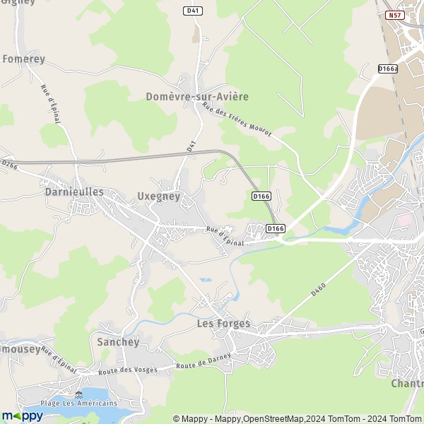 De kaart voor de stad Uxegney 88390