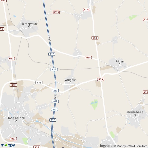 De kaart voor de stad 8850-8851 Ardooie