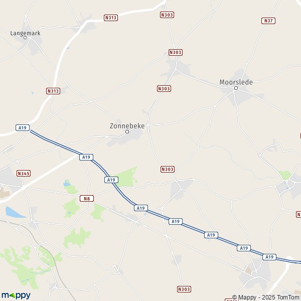 De kaart voor de stad 8890-8980 Zonnebeke