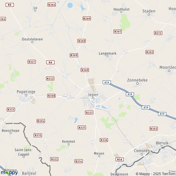 De kaart voor de stad 8900-8908 Ieper