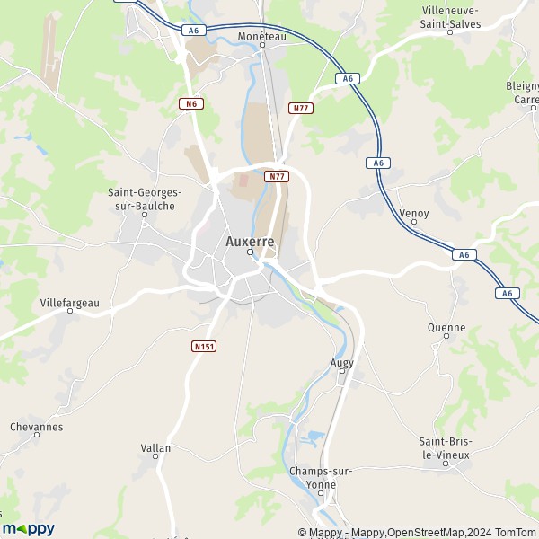 De kaart voor de stad Auxerre 89000-89290