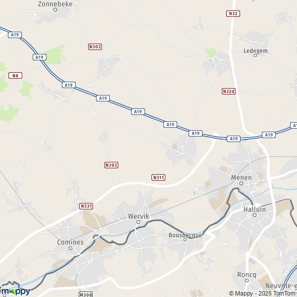 De kaart voor de stad 8930-8980 Wervik