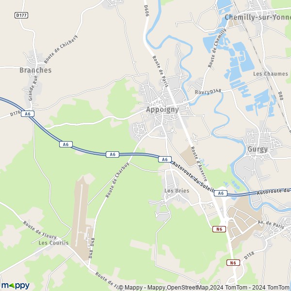 De kaart voor de stad Appoigny 89380