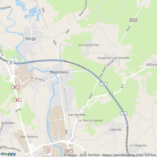 De kaart voor de stad Monéteau 89470